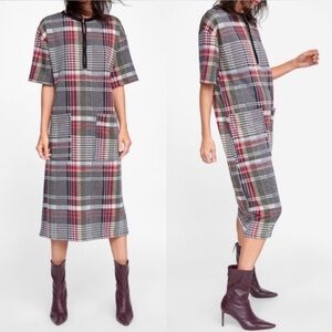 Zara Woman Medium Plaid Knit Midi Dress